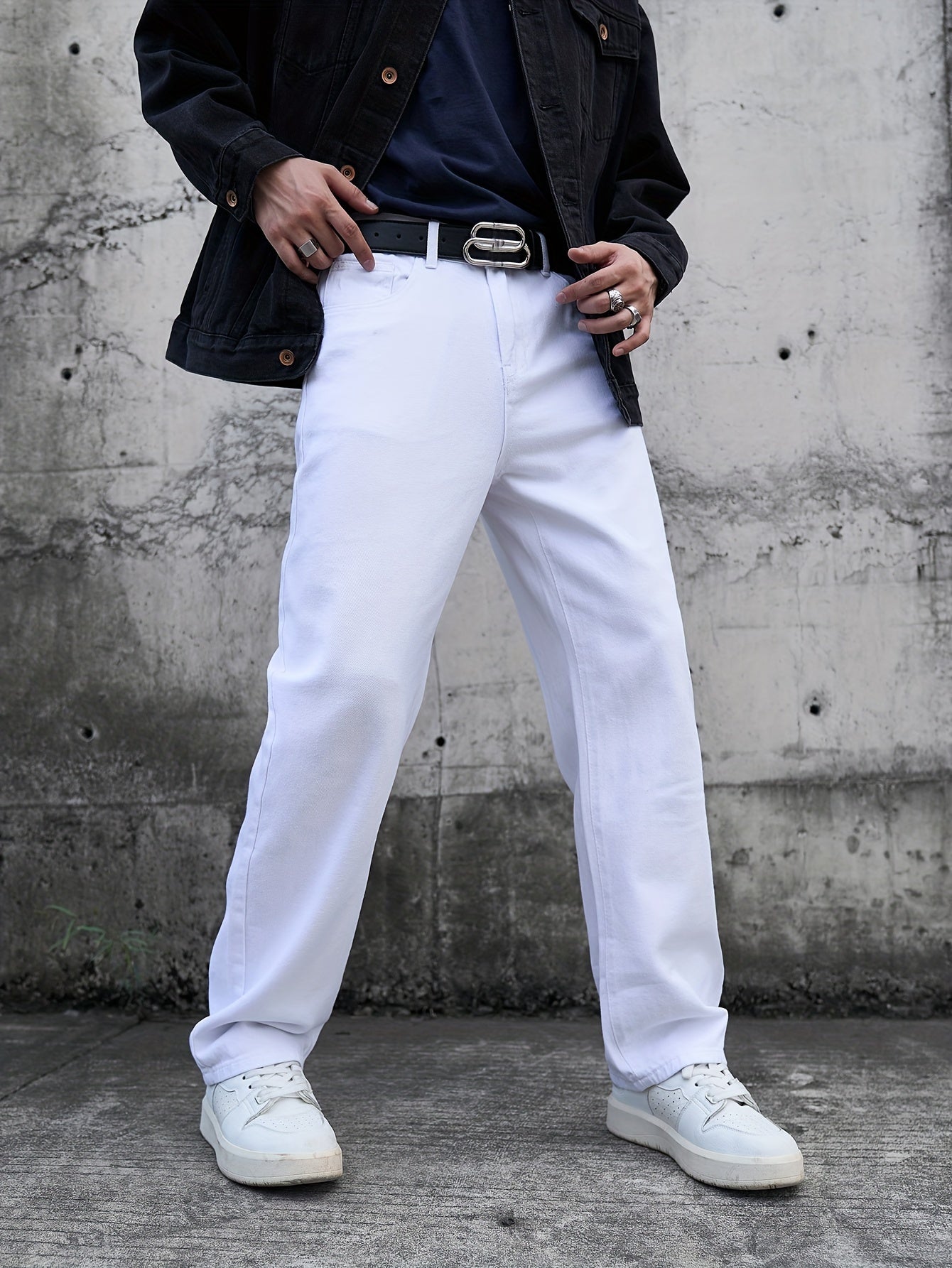 Men's Casual White Jeans - Loose Fit, Cotton, Machine Washable, Solid Color with Pockets, All-Season Wear