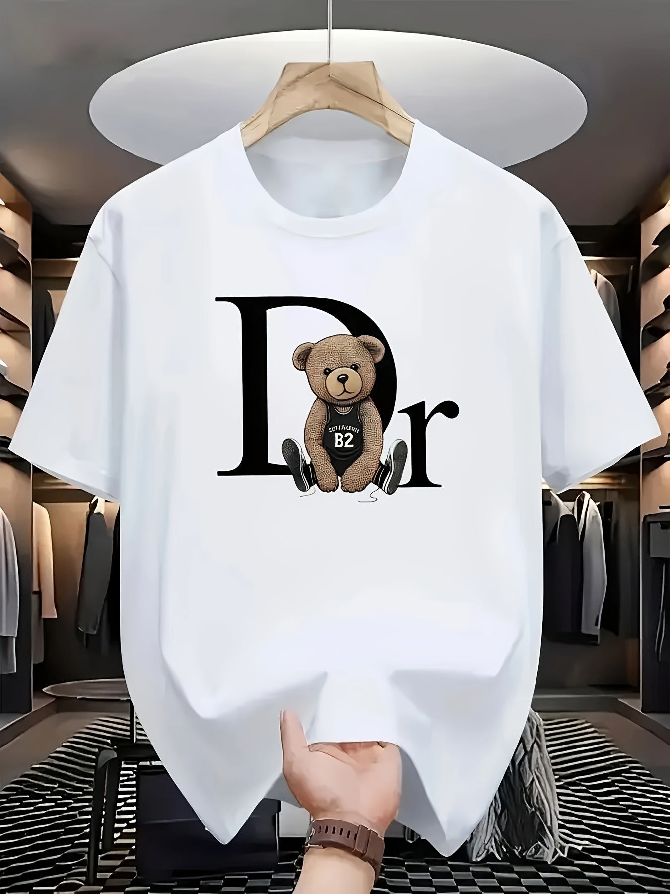 Men's Casual Short Sleeve T-Shirt with Playful DR Teddy Bear Graphic Print - Lightweight Summer Round Neck Tee, Machine Washable Regular Fit for Casual Attire, Relaxed Style, Bold Design, Durable Construction, Printed Shirt