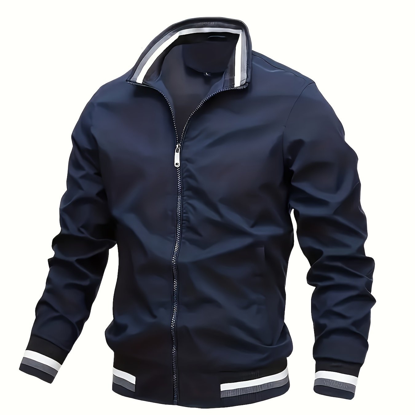 Lightweight And Trendy Men's Long Sleeve Zipper Jacket With Stand Collar, Pockets And Stripe Pattern Pieces, Suitable For Spring And Autumn Outdoors Activities
