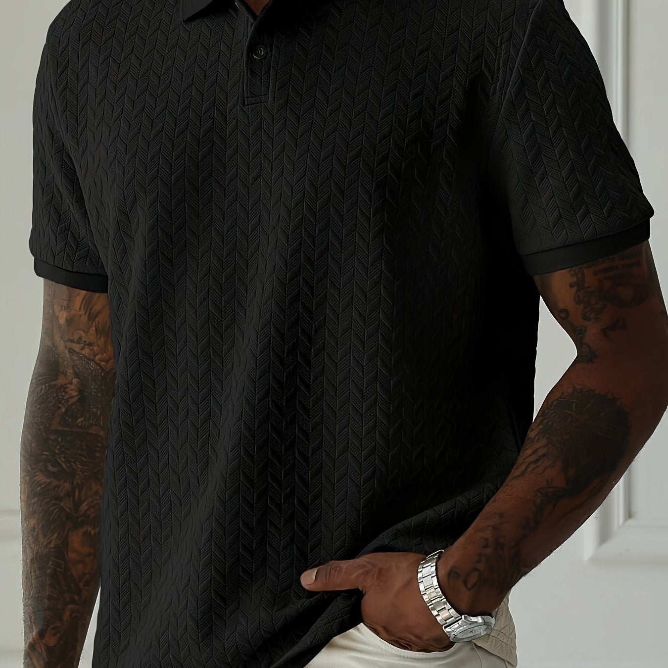 Men'S Casual Black Short Sleeve Polo Shirt with Textured Diamond Pattern - Polyester, Button-Up, Regular Fit for Summer, Casual Attire|Textured Pattern Shirt|Polyester Fabric