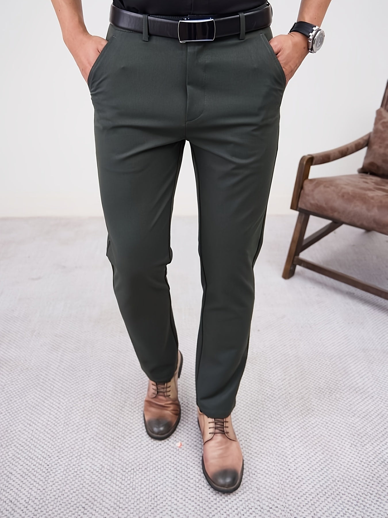 Men'S Casual Solid Color Regular Length Slight Stretch Woven Fabric Pants for Adult