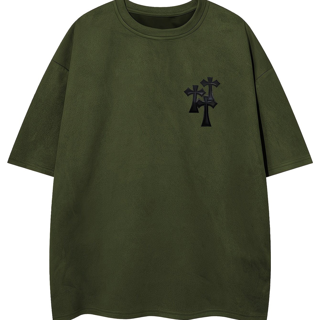 Men's Casual Black Suedette Short-Sleeve T-Shirt with Print Cross Design - Soft, Loose Fit, Round Neck, Summer Tee for Adults, Summer Casual Wear | Casual Shirt | Faux Suedette Texture