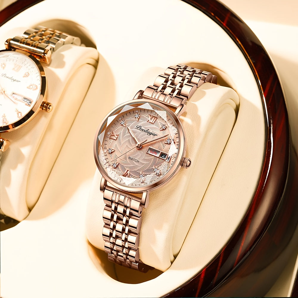 POEDAGAR Women's Luxury Quartz Watch, Luminous with Dual Calendar & Date Display, Stainless Steel Band