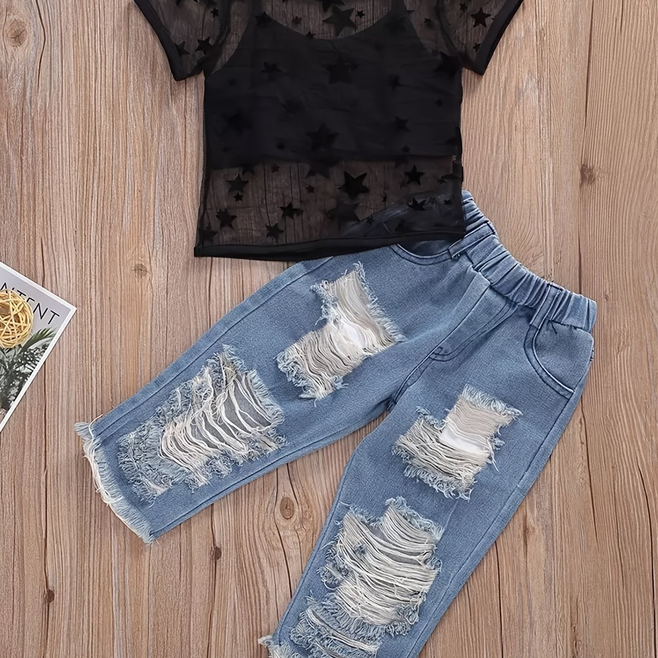 Girls Casual Cami Cropped Top & Mesh Star Print T-shirt և ջինսե ջինսե հավաքածու ամառային բացօթյա համար