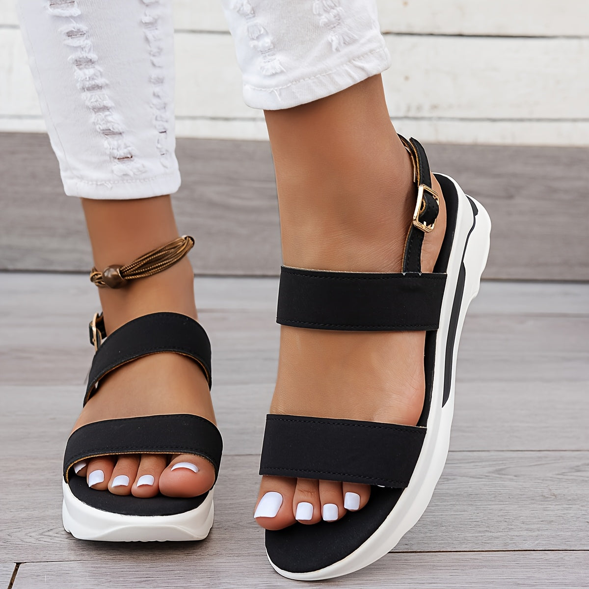 Women's Summer Plain Color Wedge Sandals, Casual Open-Toe Simple Thick Sole Beach Shoes with Comfortable Ankle Strap Wedges