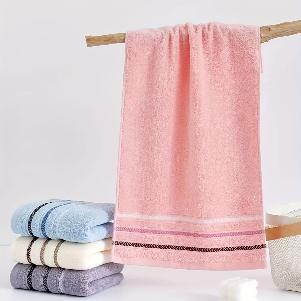 2pcs Soft Cotton Face Towels - Thick, Absorbent & Skin-Friendly for Home Bathroom, Striped Design with Reinforced Edges, 32.99cm x 72.01cm, Modern Style, Pink & Blue Shades, Bathroom Essentials | Modern Towel Design | Plush C
