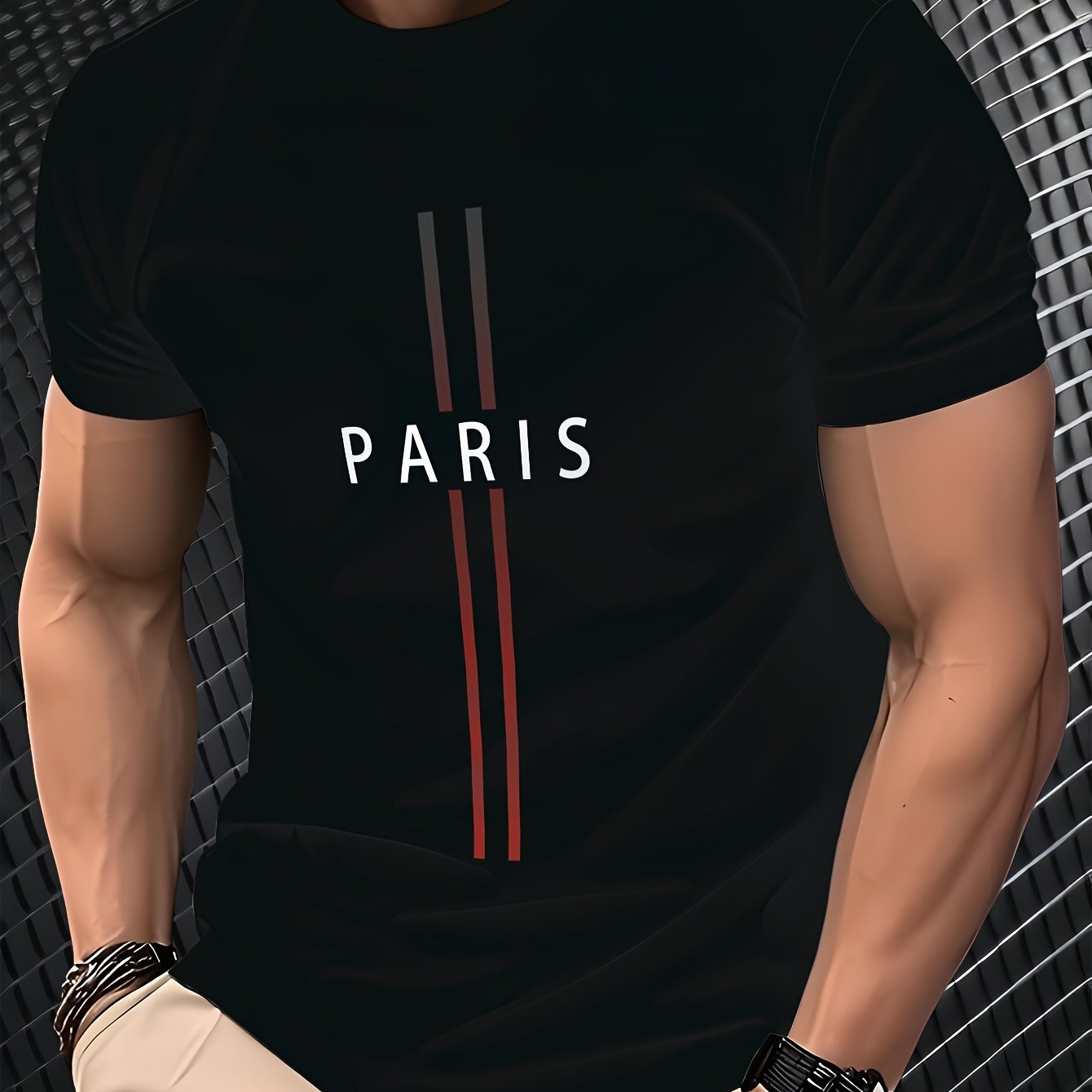 Men'S Paris Graphic Tee - Black Short Sleeve Crew Neck with Red White Stripes, Casual Streetwear Style, Lightweight Polyester Blend, Machine Washable, Everyday Tshirt Bold Graphic Tee Glossy Texture