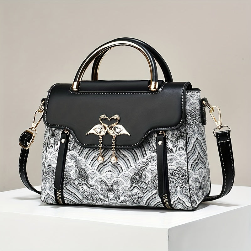 Elegant Floral Embroidered Handbag for Women - Adjustable Strap, Zipper Closure, Polyester Lining, Black & White Floral Pattern, Perfect Gift for Mom Or Family, Small Crossbody Purse, Stylish Accessory, Durable Construction
