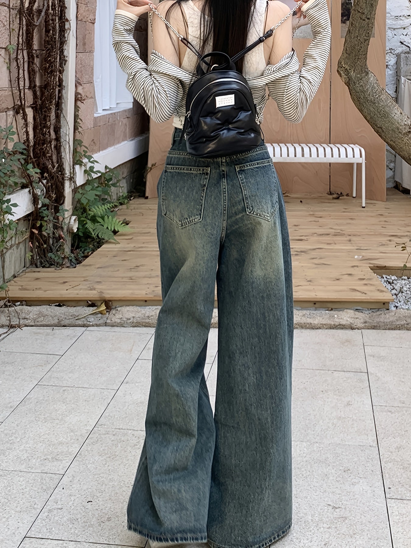 1pc XNVJEVGY Women'S High-Waisted Wide Leg Denim Jeans, Casual Style, Non-Stretch, Solid Color, Long Pants with Zipper Closure, Washed Finish, Suitable for All Seasons