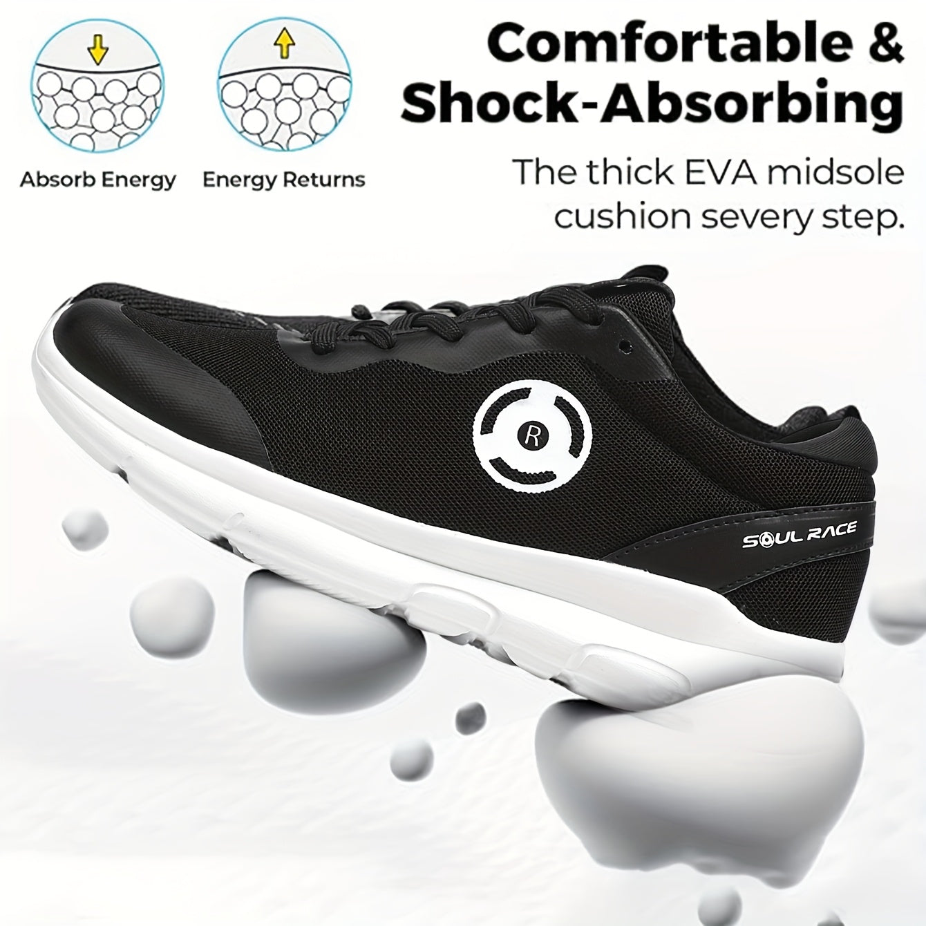 Men's Lightweight Breathable Mesh Sneakers - Casual Lace-Up Running Shoes with EVA Cushioning, Black & White Design, Sizes 8-14