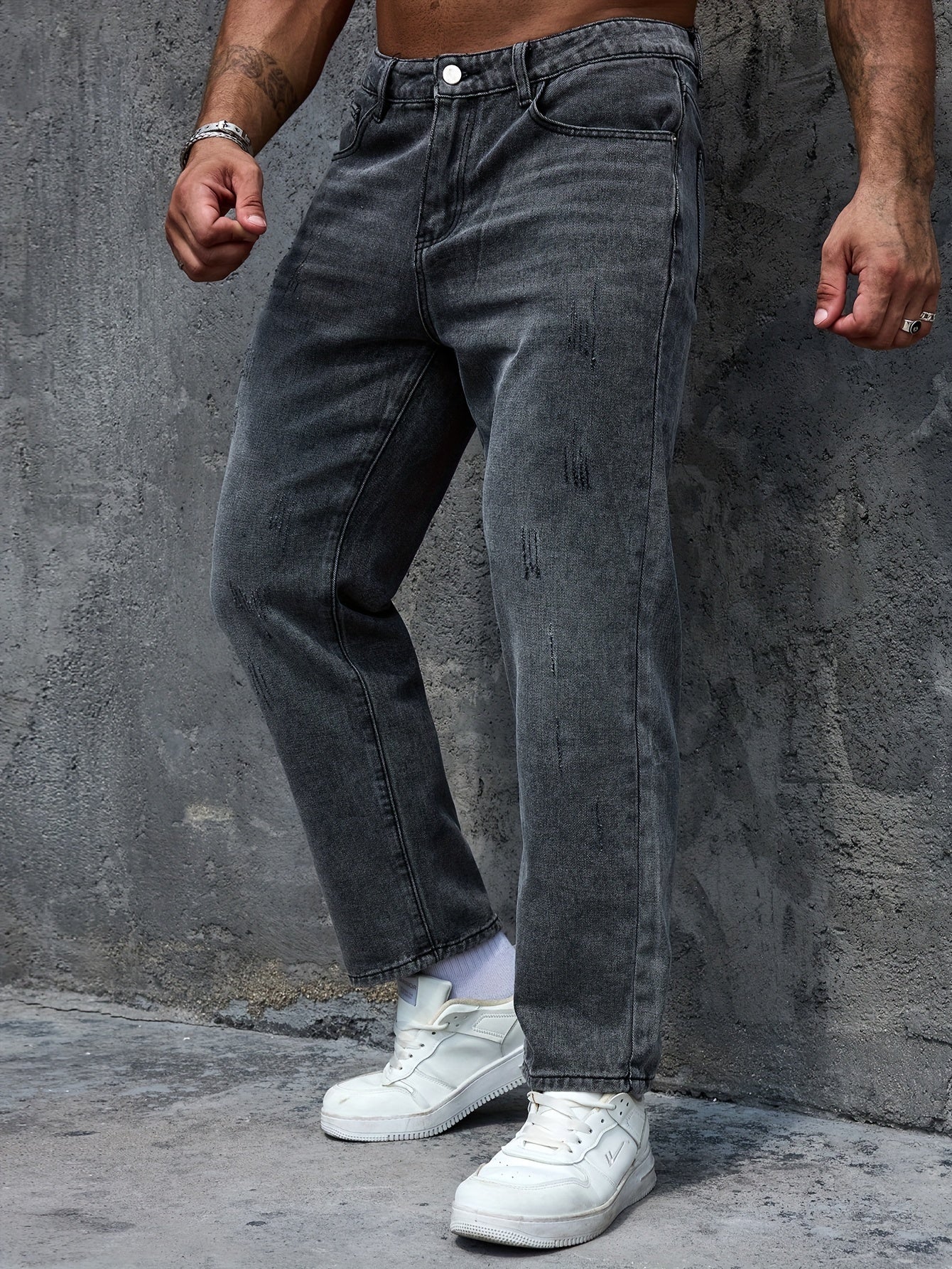 Men's Regular Fit Distressed Denim Jeans - Light Grey, Blend, Machine Washable, Year-Round Comfort & Style