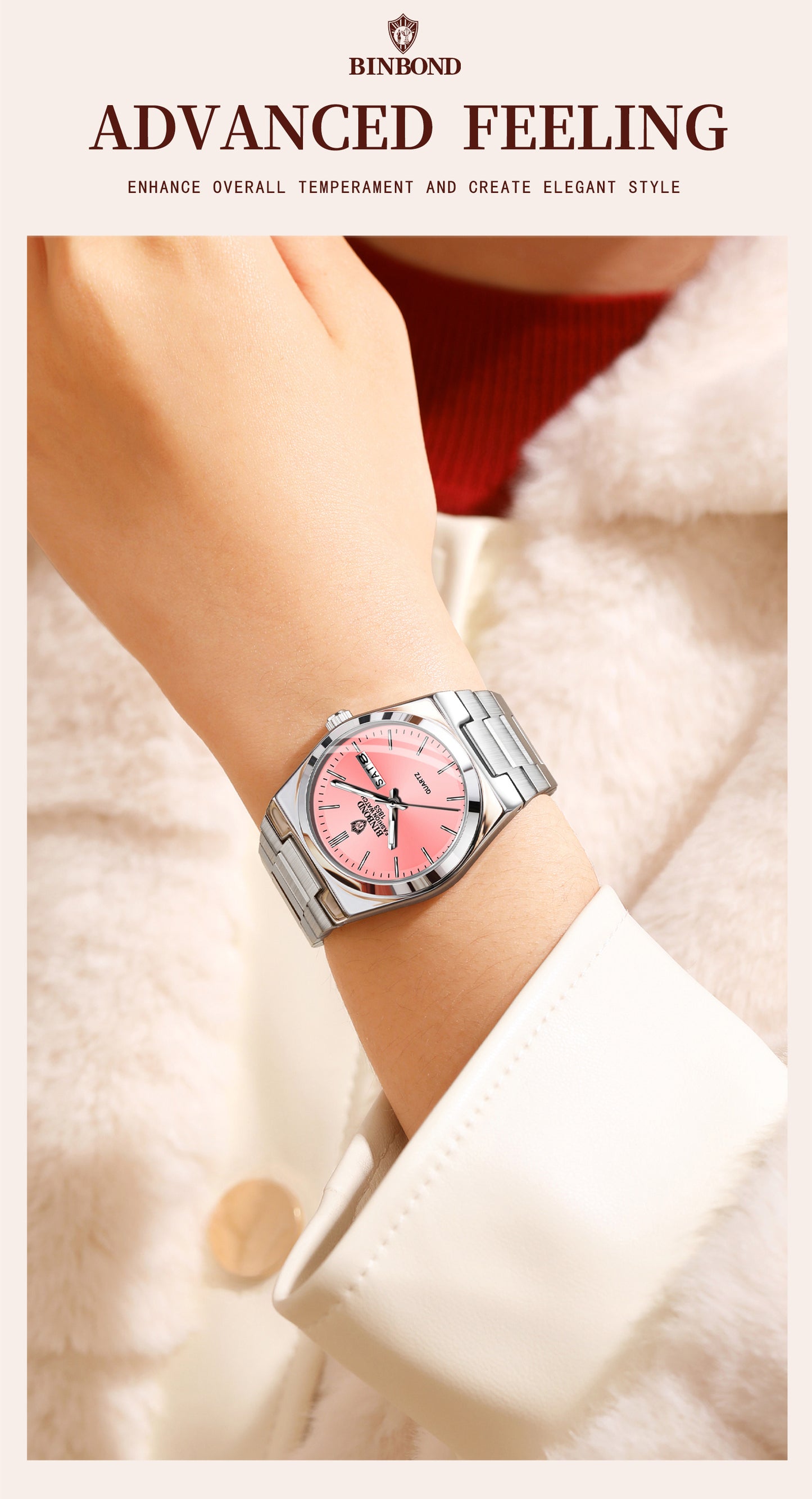 BINBOND Women'S Fashion Watch, Double Calendar, Quartz Movement, Stainless Steel Band, Round Case, Ideal for Daily Wear & Gifting, Stylish Accessory|Minimalist Design|Durable Watch