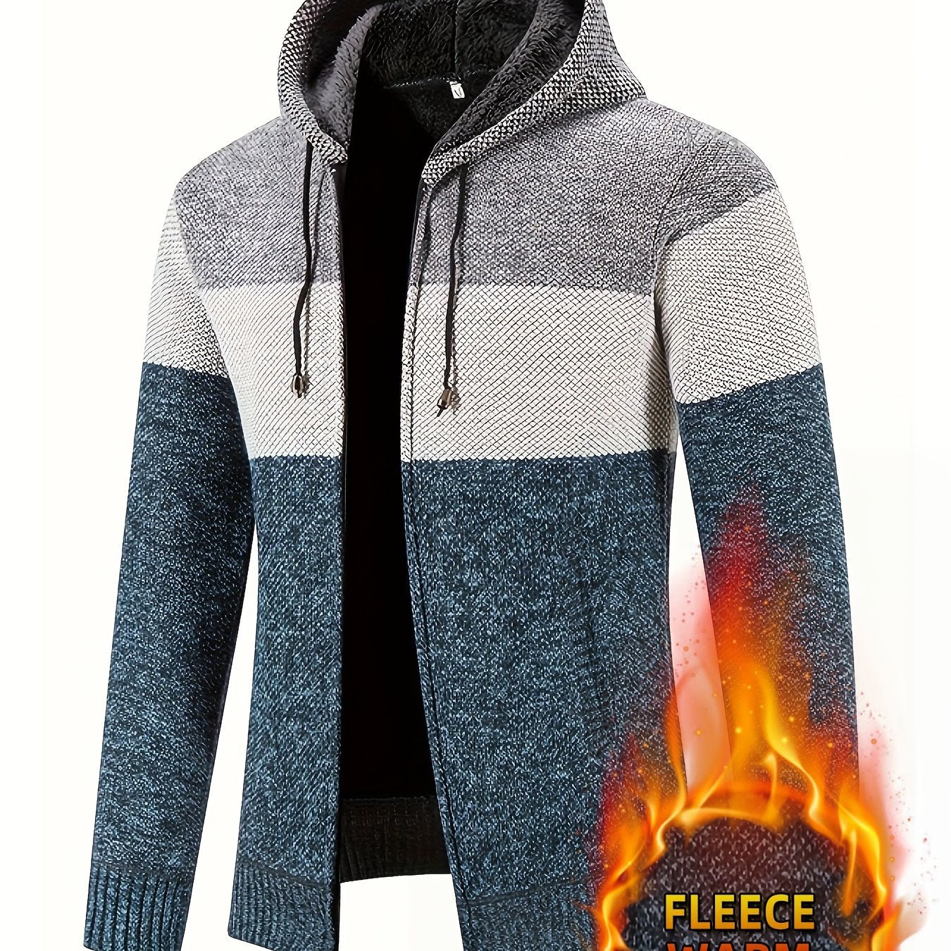 Men'S Fleece-Lined Hooded Sweater | 100% Polyester Knit | Mature Style | Striped Pattern | Long Sleeve | Regular Fit Hoodie with Medium Stretch Fabric | Casual Autumn & Winter Outerwear