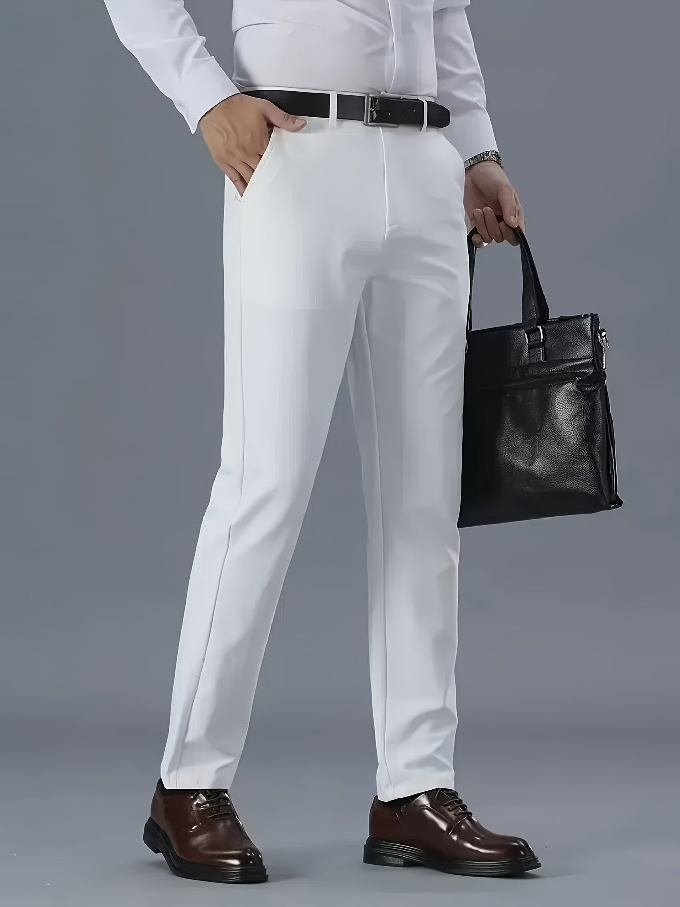 Men's Solid Color Business Casual Pants, Lightweight Business Style Versatile Trousers for Office