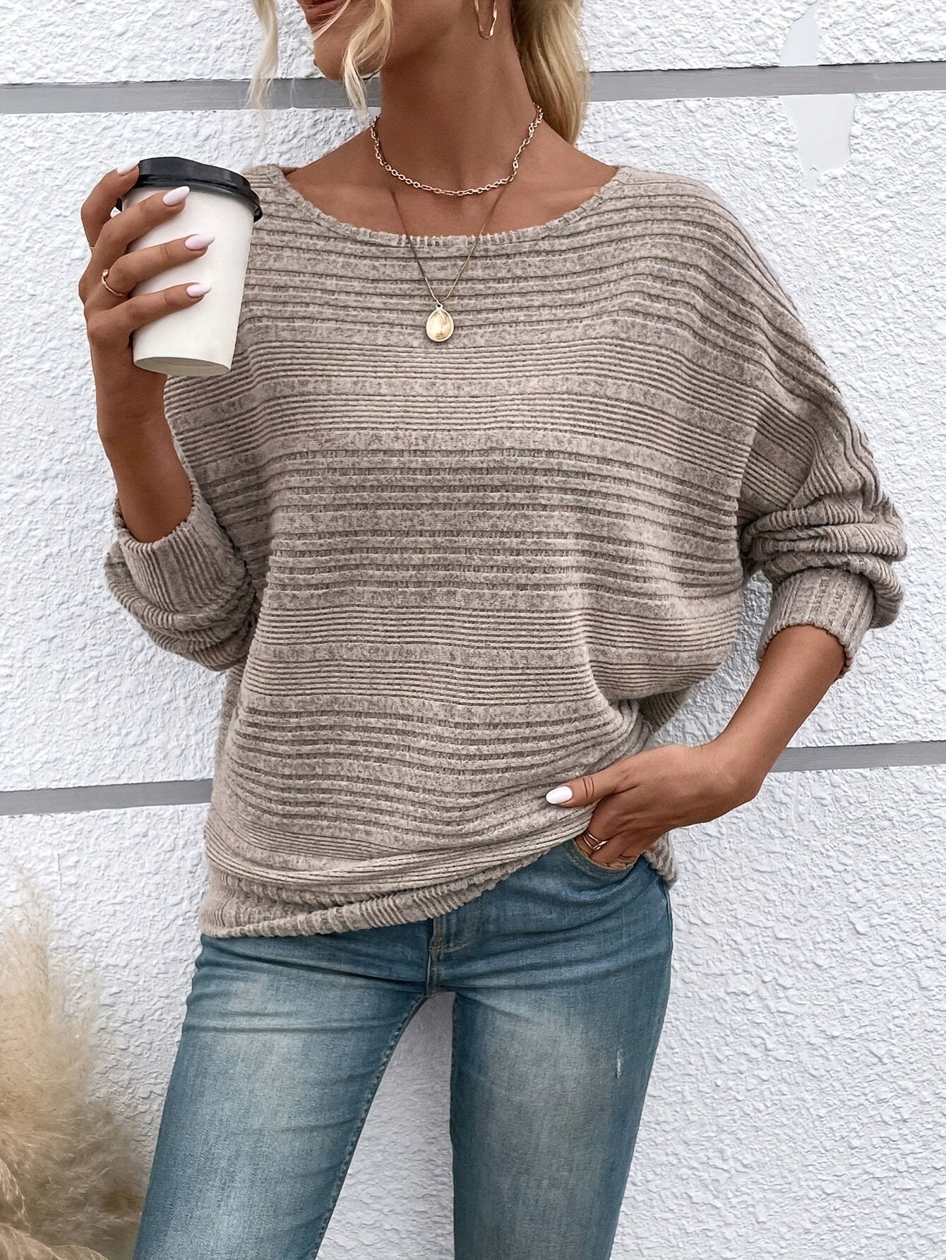 1 հատ Women'S Casual Crew Neck Knit T-shirt - պոլիեսթեր պինդ գույնի երկարաթև վերնաշապիկ գարնան/աշունի համար