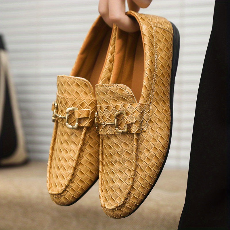 Men's Slip-On Loafers - Black Tan Casual Shoes with Golden-Tone Metal Accents, Round Toe Comfort, All-Season Versatile for Office Social Events, Casual Attire, Elegant Style, Premium Material, Modern Gentlemen