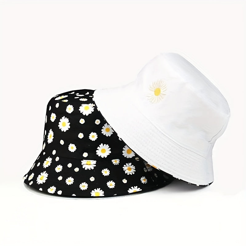 Daisy Graphic Reversible Bucket Hat Black Trendy Breathable Basin Hats Lightweight Sunscreen Fisherman Cap For Women daily use