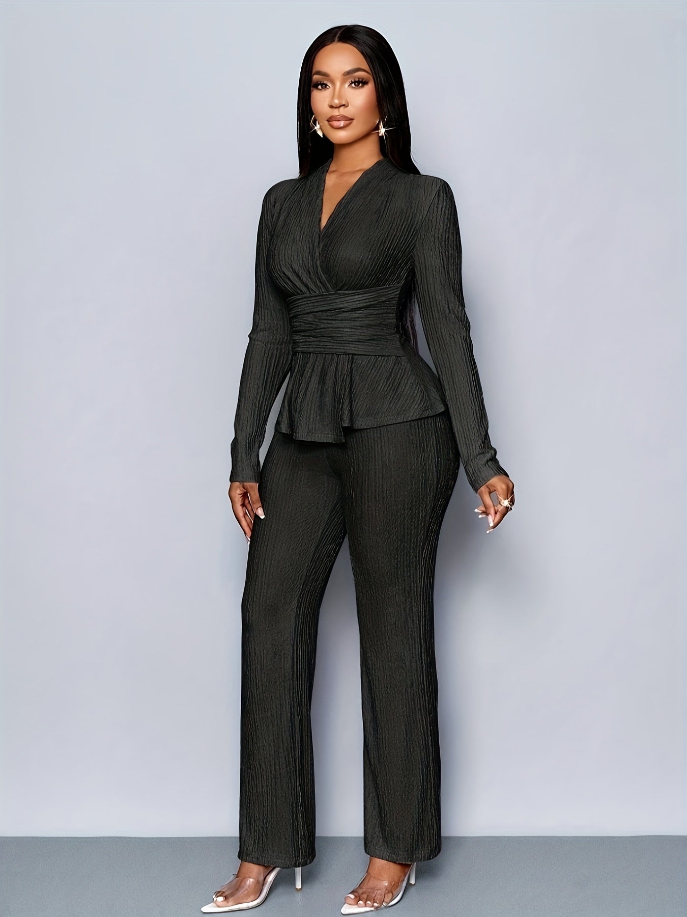 Elegant Women'S V-Neck Long Sleeve Top and Wide Leg Pants Two-Piece Set, Asymmetrical Hem Two-Piece Outfit for Casual Daily Wear, Winter Women'S Clothing
