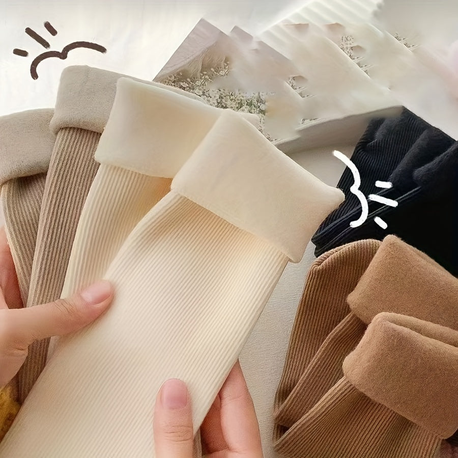 5 Pairs Women'S Knee-Length Thermal Fleece-Lined Socks, Solid Color, Polyester Knit Fabric, 100% Polyester, with Hand Washable
