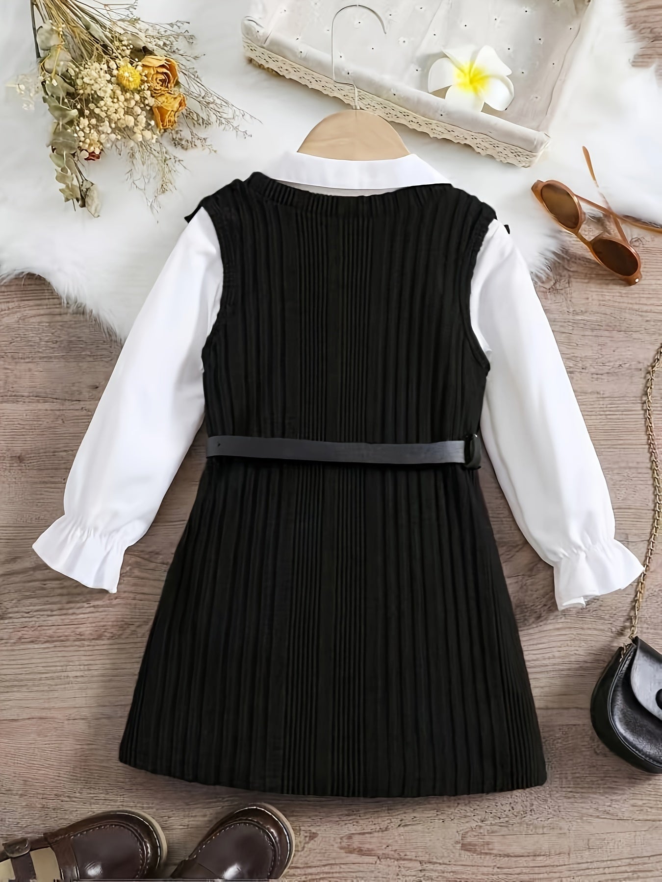 Girls 2-piece Trendy & Stylish Outfit, Long Sleeve Button Up Shirt & Sleeveless Ruffle Spliced Knitted Split Side Dress For Spring & Fall Outdoors (Belt Excluded)