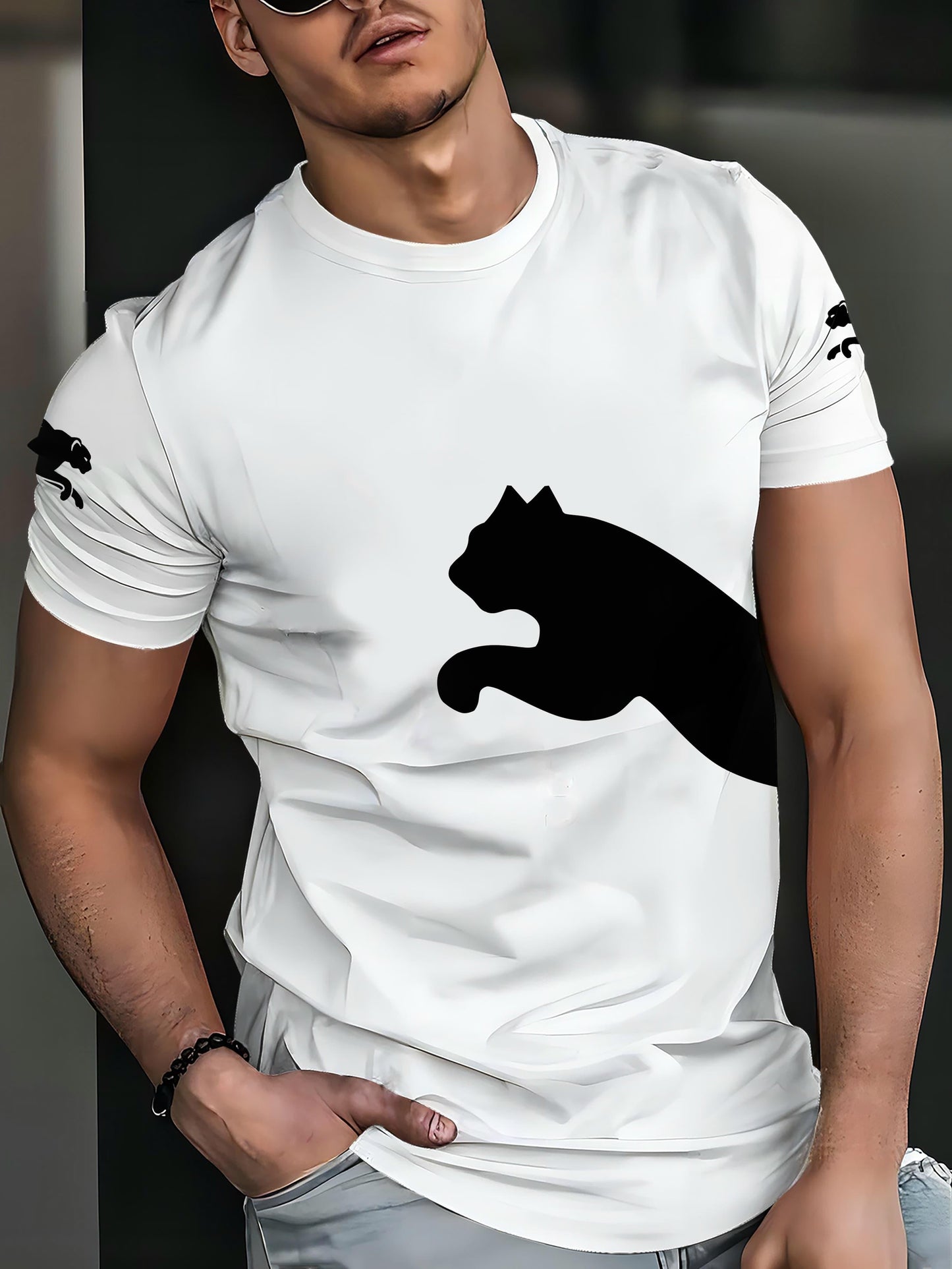 Men's 3D Print Cat Graphic T-Shirt - Casual Short Sleeve Summer Tee with Black White Contrast Design, Breathable Round Neck Top for Outdoor Activities, Machine Washable, Relaxed Fit Shirt, Durable Fabric, Detailed Print Qua
