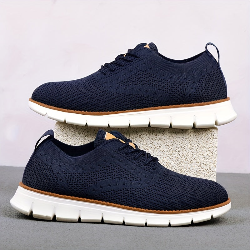 Men's Breathable Knit Business Casual Shoes - Beige with Brown Accents, Lace-Up, EVA Sole, Round Toe, Versatile for All Seasons, Dressy Shoes