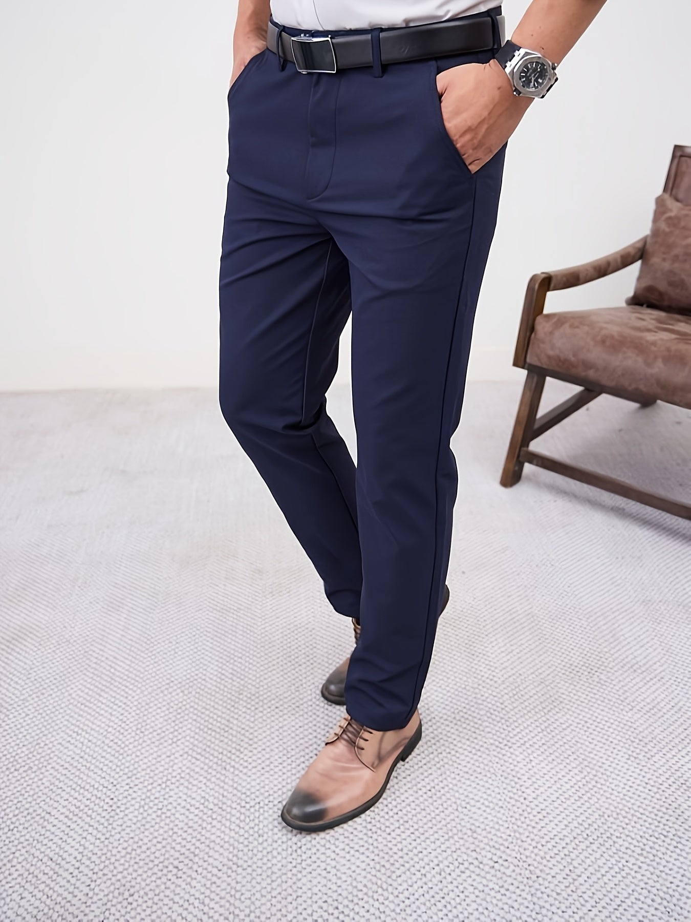 Men'S Casual Solid Color Regular Length Slight Stretch Woven Fabric Pants for Adult