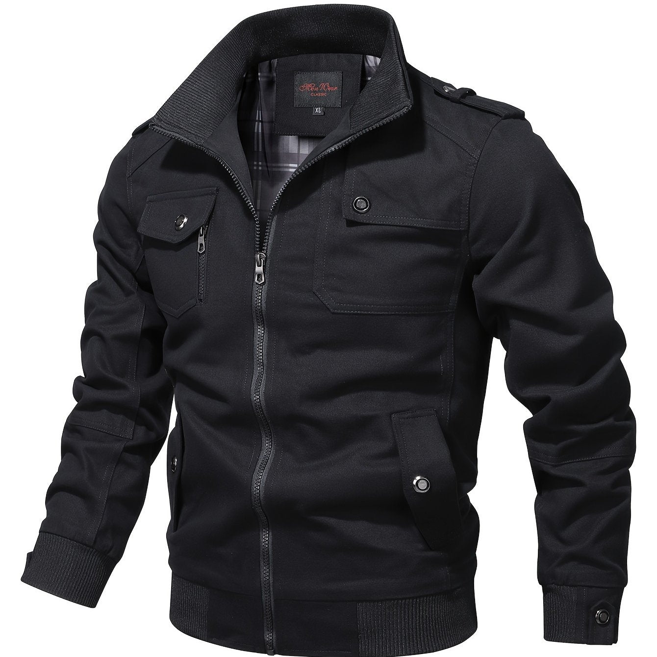 Men's Casual Bomber Jacket, Cotton Stand Collar Windbreaker Jacket With Pockets For Fall Winter