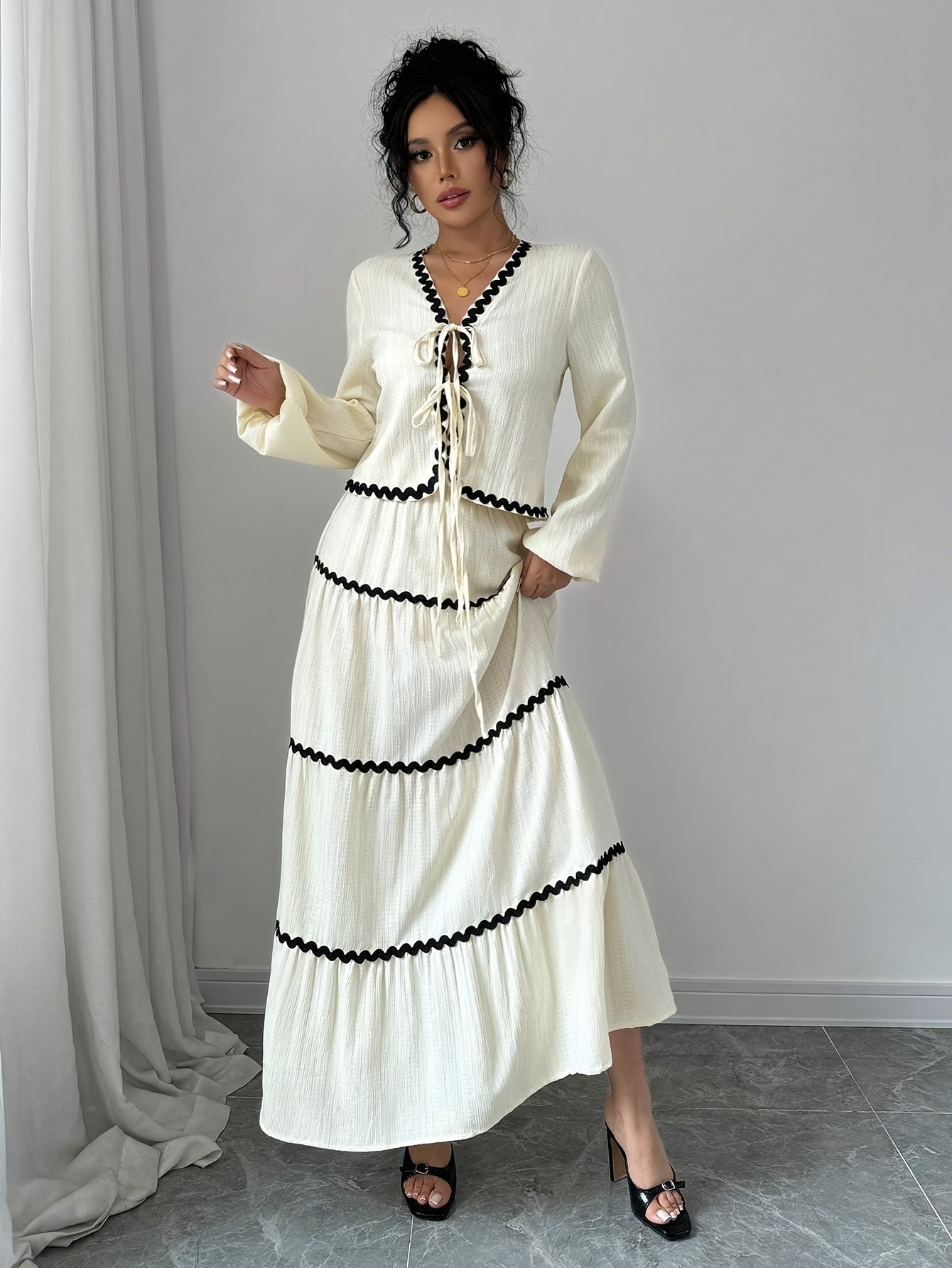 Women's Elegant French Style Lantern Sleeve Ruffle Hem Bow Dress and Skirt Set