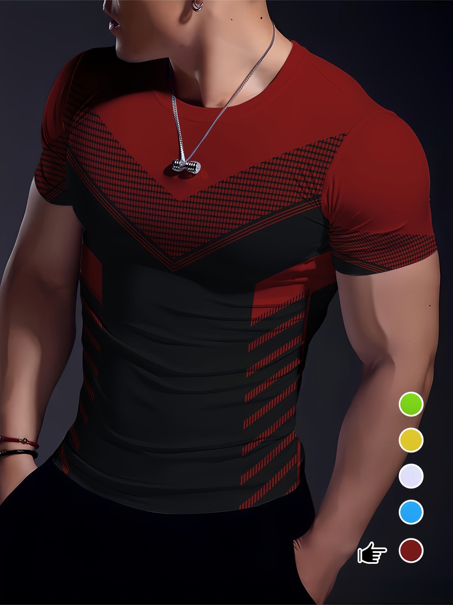 Men'S Geometric-Pattern Sports T-Shirt, Polyester Blend, Crew Neck, High Stretch, Short Sleeve, Quick-Dry, Tear-Resistant, Knit Fabric, Skinny Fit, with 3D Heat Sublimation for Running, Yoga, Training, Hiking, Casual & Athlet