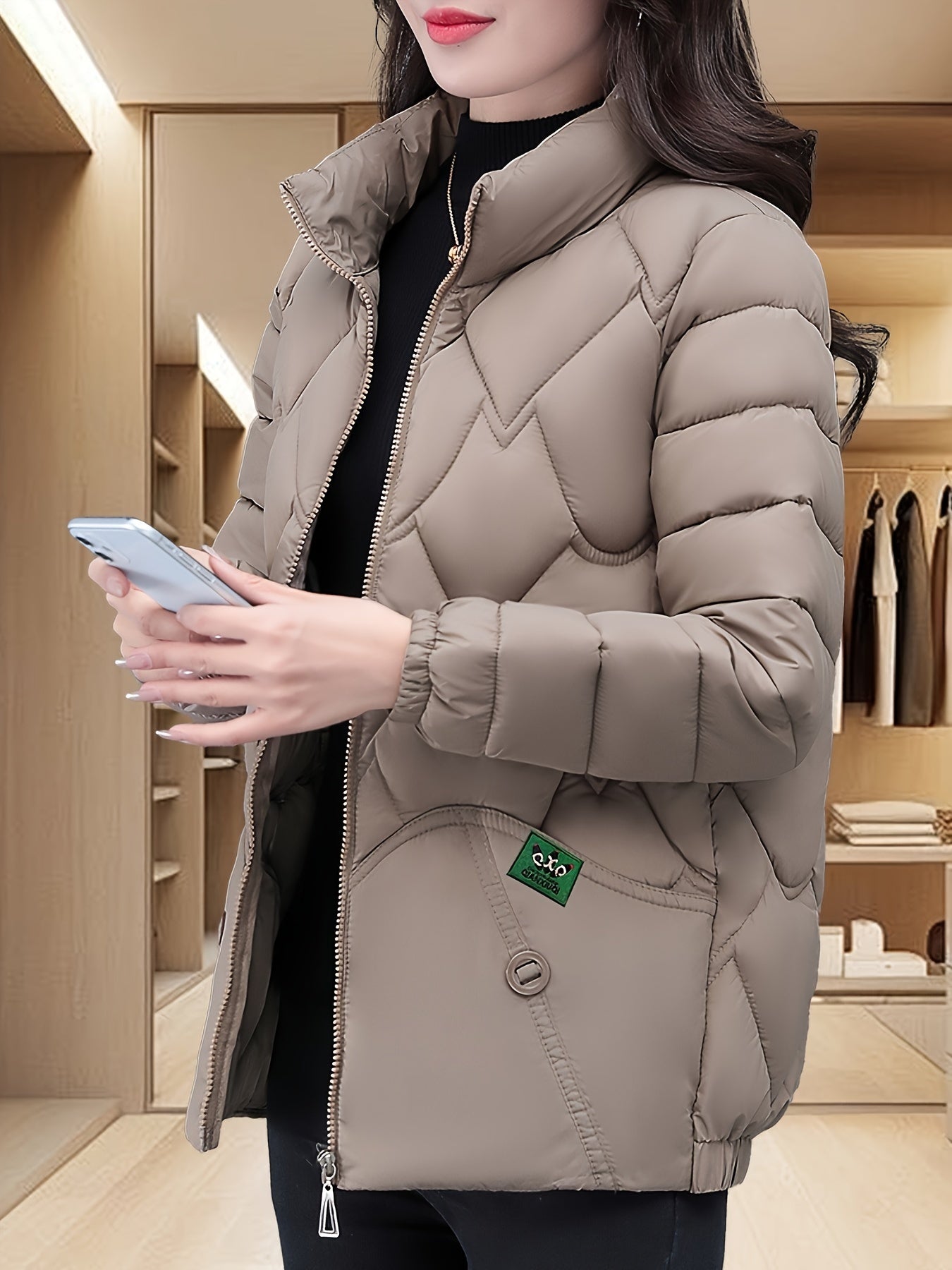 Women'S Embroidered Quilted Jacket, Casual Long Sleeve Polyester Coat, Non-Stretch H-Contoured Regular Fit, Pleated Hem, Thick Warm Winter Outerwear for Middle-Aged Moms