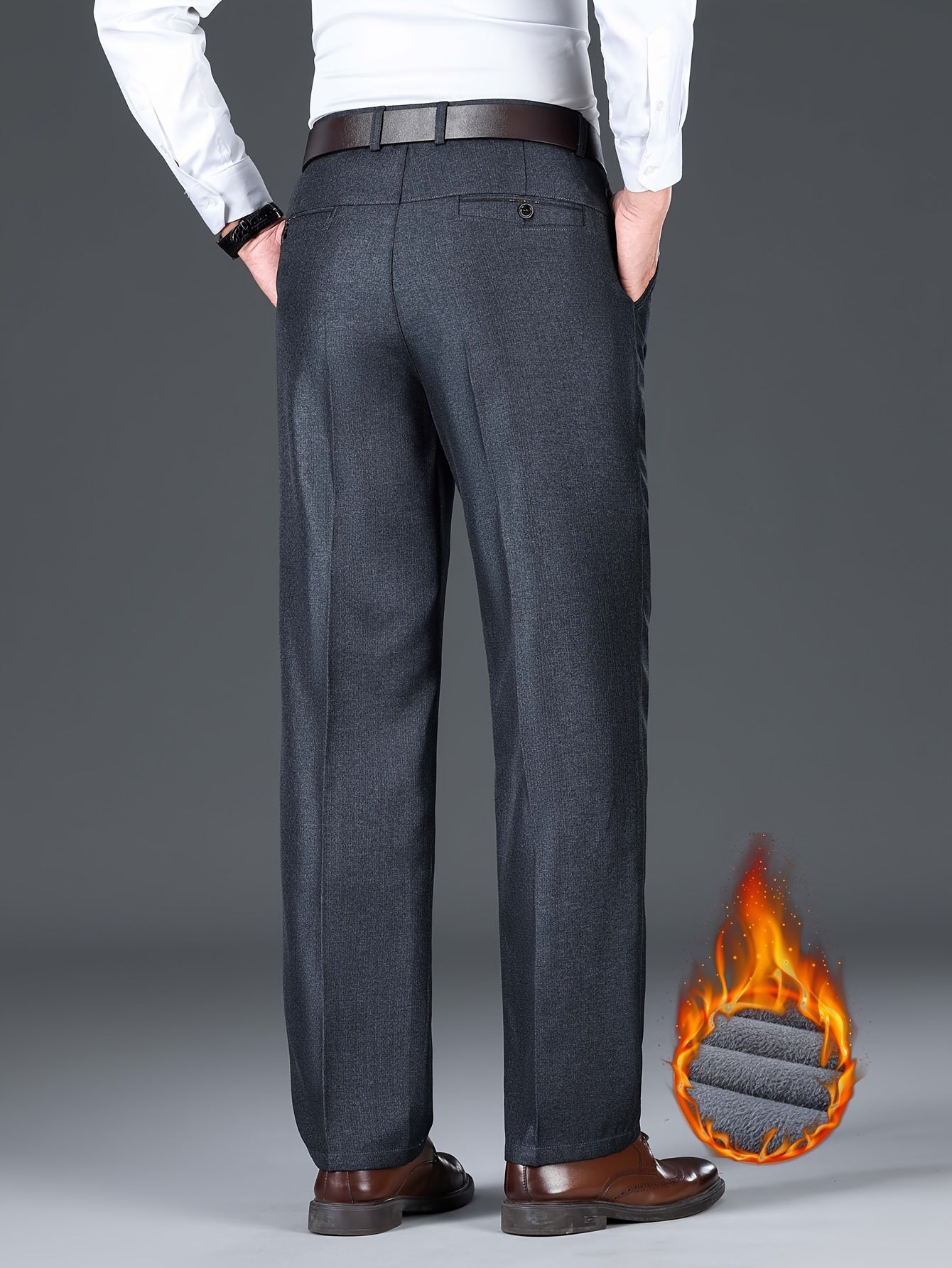 Men'S Solid Color Polyester Dress Pants - Fall/Winter Warm Fleece-Lined Thickened Straight-Leg Trousers with Slant Pockets, Regular Fit, Non-Stretch Woven Fabric, Long Length