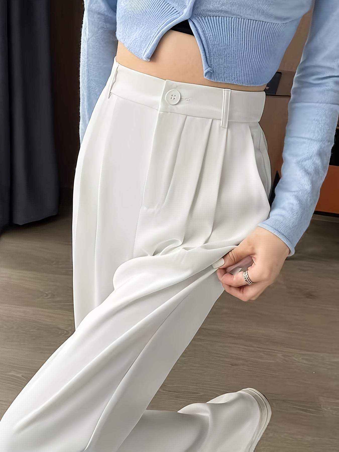 Women'S Elegant Solid Color Straight Leg Pants, Breathable, Comfortable, Fashion Commuter, Polyester, Elastic Waist, Loose Contour, 250g/㎡, for Adult, Spring/Summer/Fall