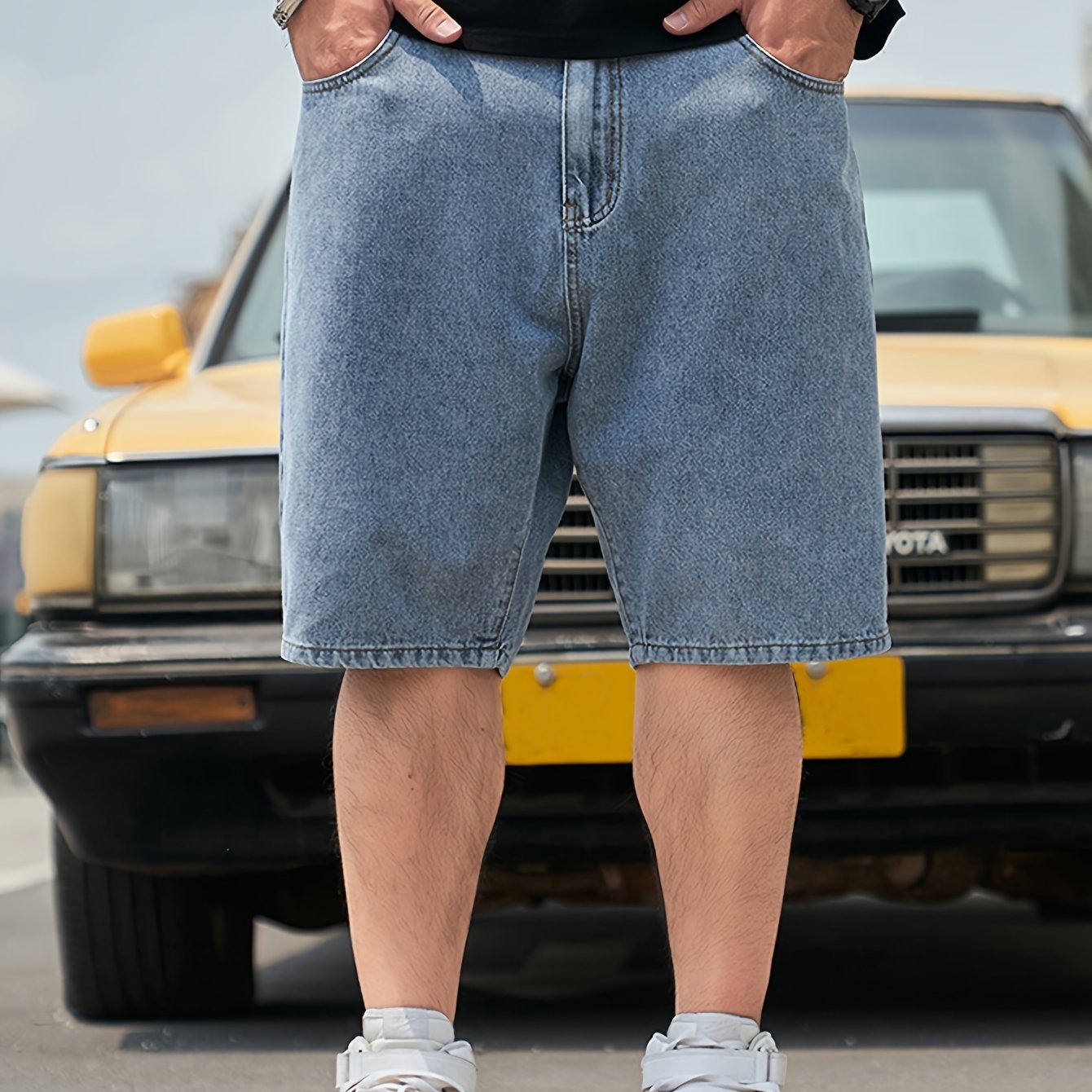Men's Solid Cotton Blend Loose Fit Denim Jorts, Chic Street Style Summer Bottoms For Men