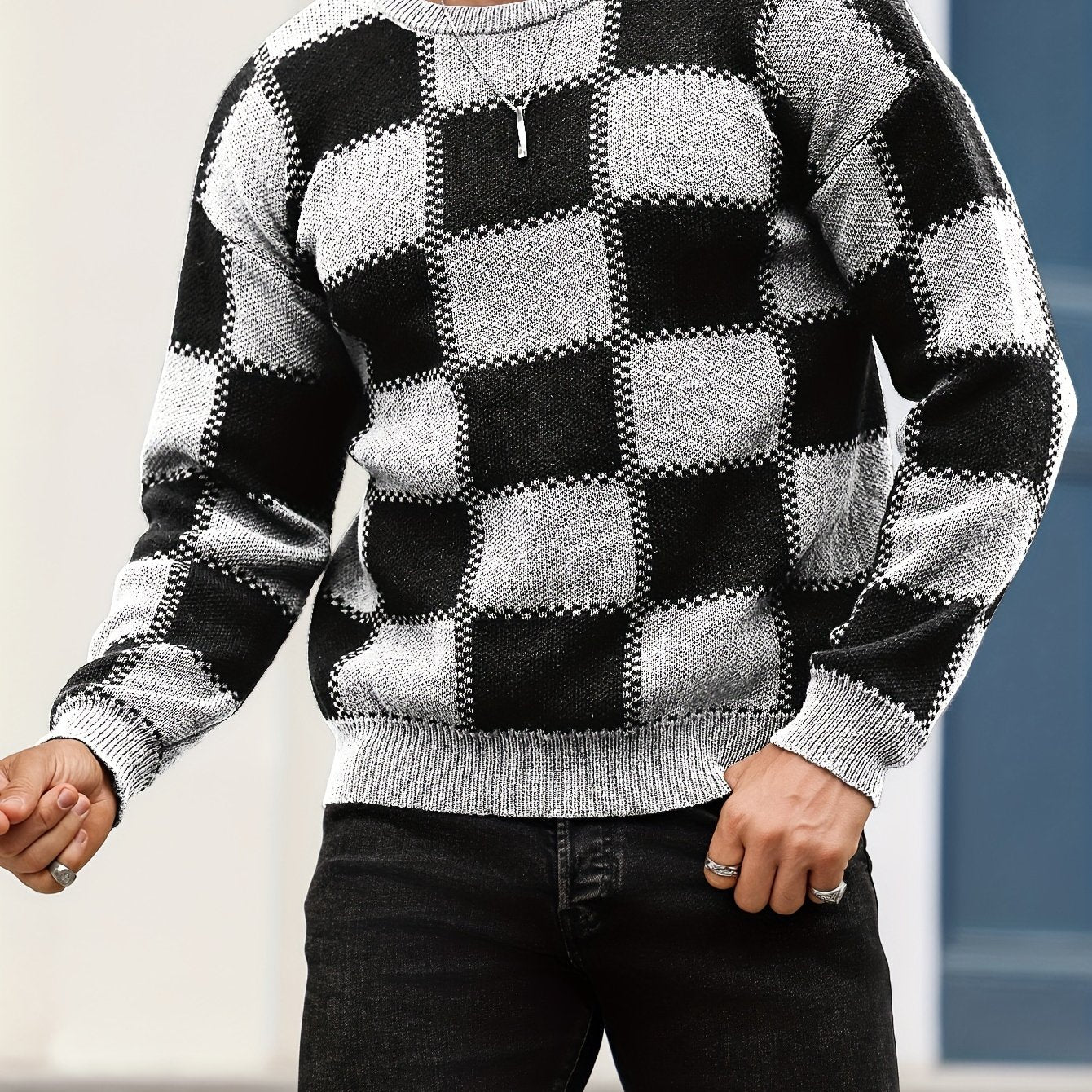 Men's Color Blocking Textured Checked Print Casual Trendy Sweater, Long Sleeve Pullover As Gift For Fall And Winter