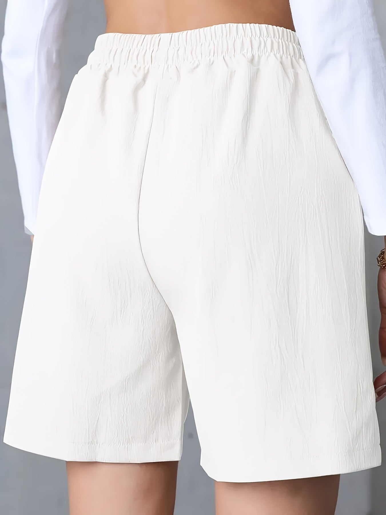 Light Pink Women's Casual High-Waist Wide-Leg Shorts with Tie Drawstring - Polyester, Non-Stretch, Smooth Texture, Summer Ready with Pockets