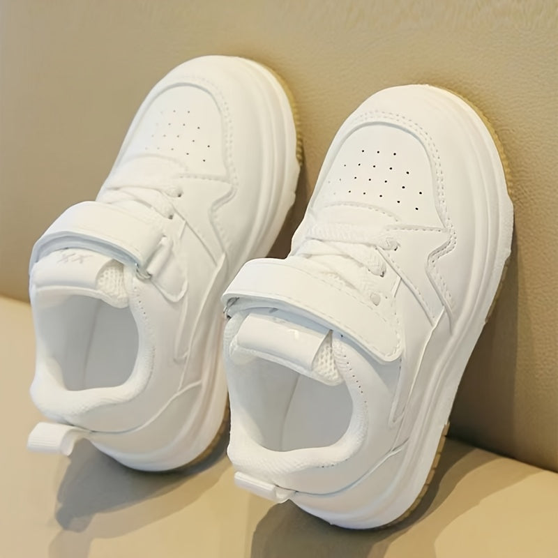 Preppy Style Solid Color Casual All-Season Low Top Sneakers for Boys and Girls with Adjustable Strap Closure, PU Upper, Fabric Lining, and Durable Rubber Sole, Perfect for Daily Wear & School Under 14 Years - White