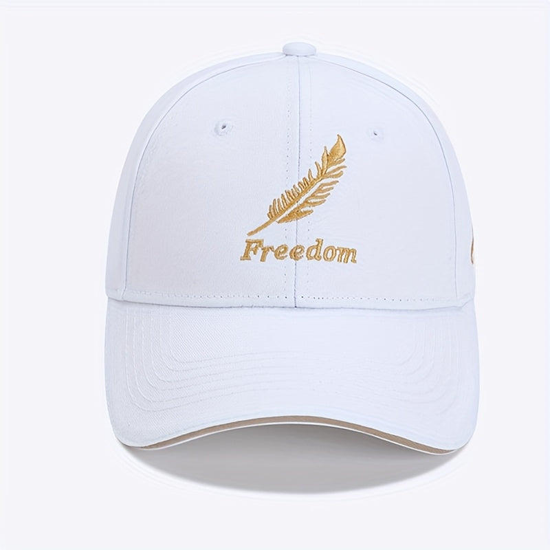 Men's Adjustable Baseball Cap with Feather & Freedom Embroidery - All-Season, Sun Protection, Black Washed Polyester, Sun Visor, Outdoor Sports, Perfect Choice