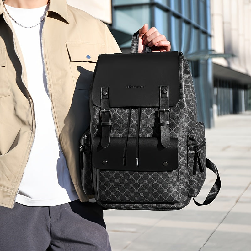 Men's Retro Geometric Print Drawstring Backpack - Casual British Style Durable Fabric with Multiple Compartments Padded Straps for Daily Commute, Work, Travel, Backpack for Travel, Modern Logo Design, Highquality Straps, Ur