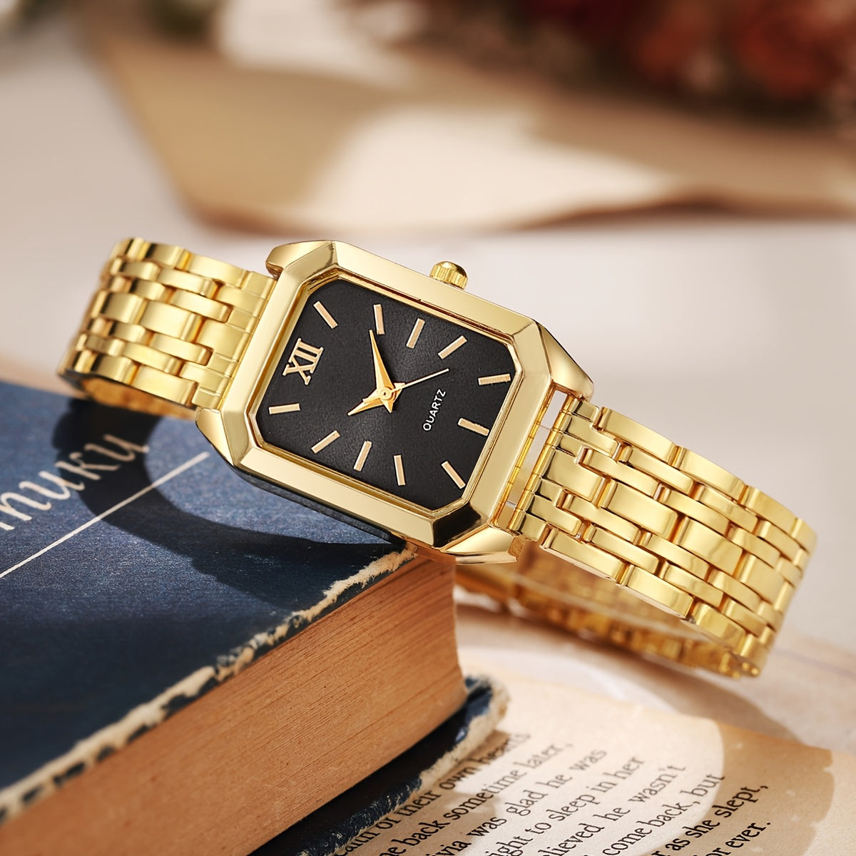1pc Women's Luxury Square Watch with Multi-Color Dial & Golden-Tone Zinc Alloy Band - Quartz Movement, Fashionable Wristwatch for Casual & Formal Occasions, Casual Wristwatch | Colorful Dial Watch | Premium Look Watch