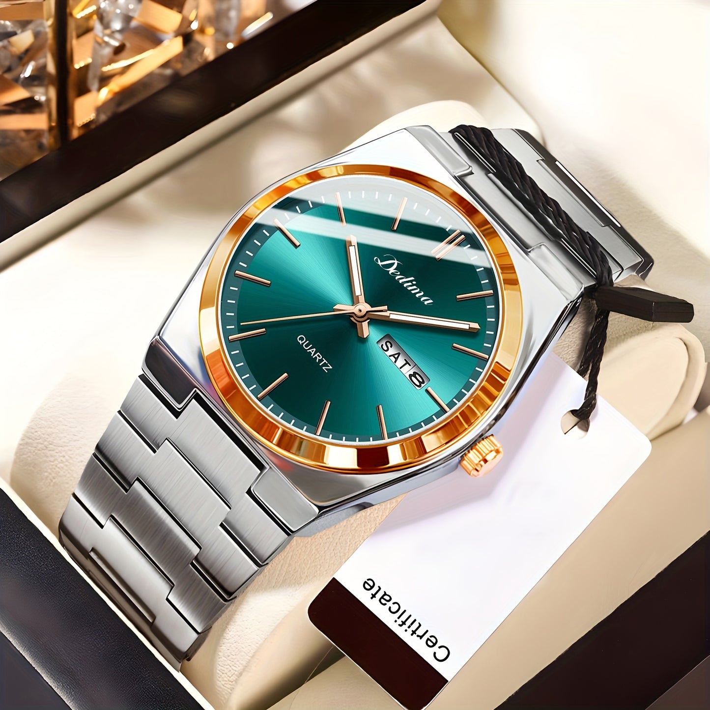Elegant Men's Quartz Watch with Stainless Steel Band, Rivet Detail, and Dual Calendar - Non-Rechargeable Button Battery Included, DEDIMA