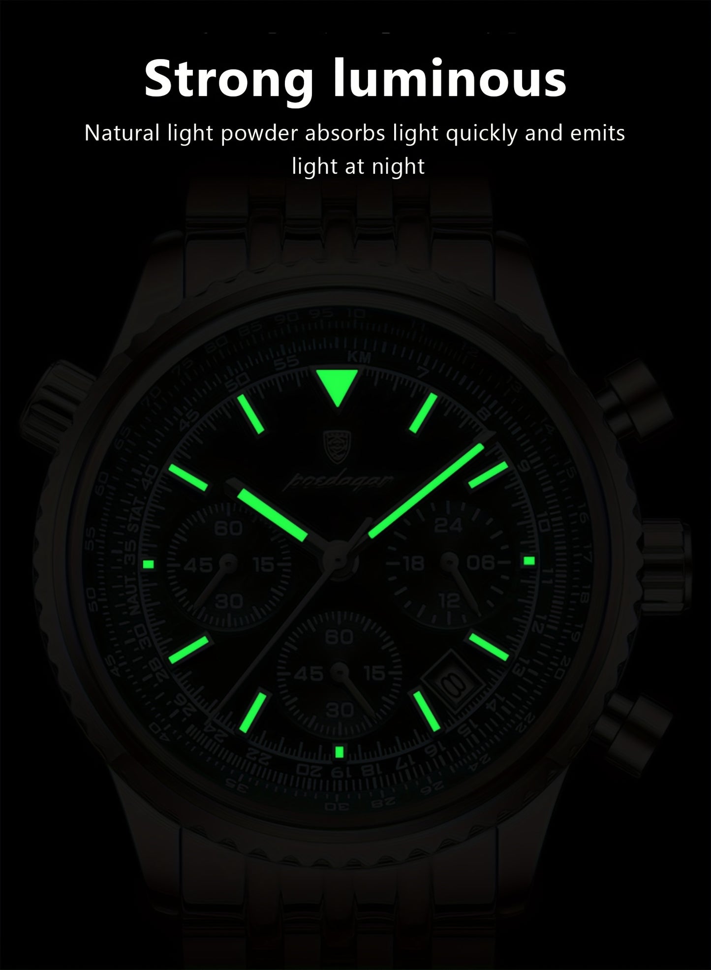 POEDAGAR Men's Luxury Stainless Steel Watch, Chronograph, Calendar, Date Display, Green Dial with Black Bezel & Roman Numerals, Quartz Movement, Casual to Business Style, Suitable for Women