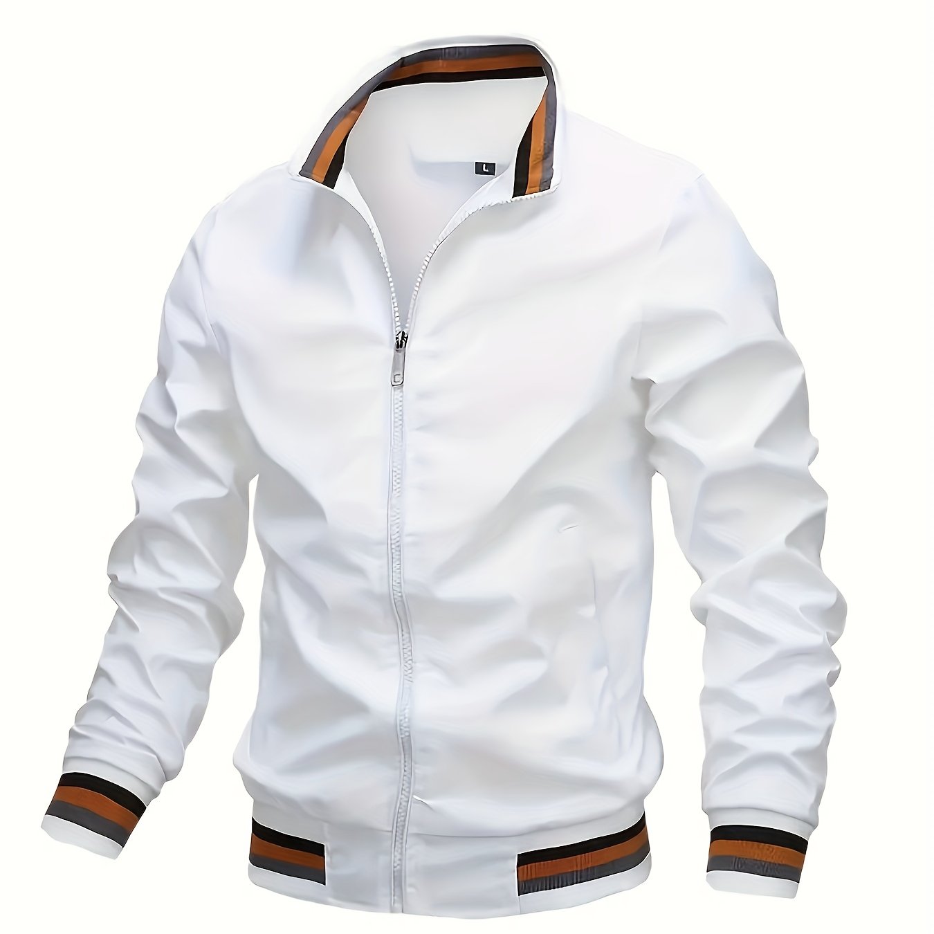Lightweight And Trendy Men's Long Sleeve Zipper Jacket With Stand Collar, Pockets And Stripe Pattern Pieces, Suitable For Spring And Autumn Outdoors Activities