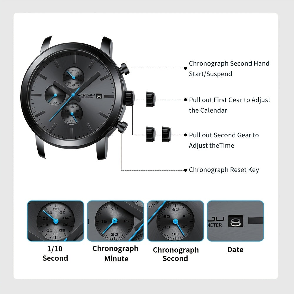 CRRJU Luxury Men's Stainless Steel Quartz Watch - Business Style, Chronograph,, Analog Display, High-end, Quartz, Suitable for Women