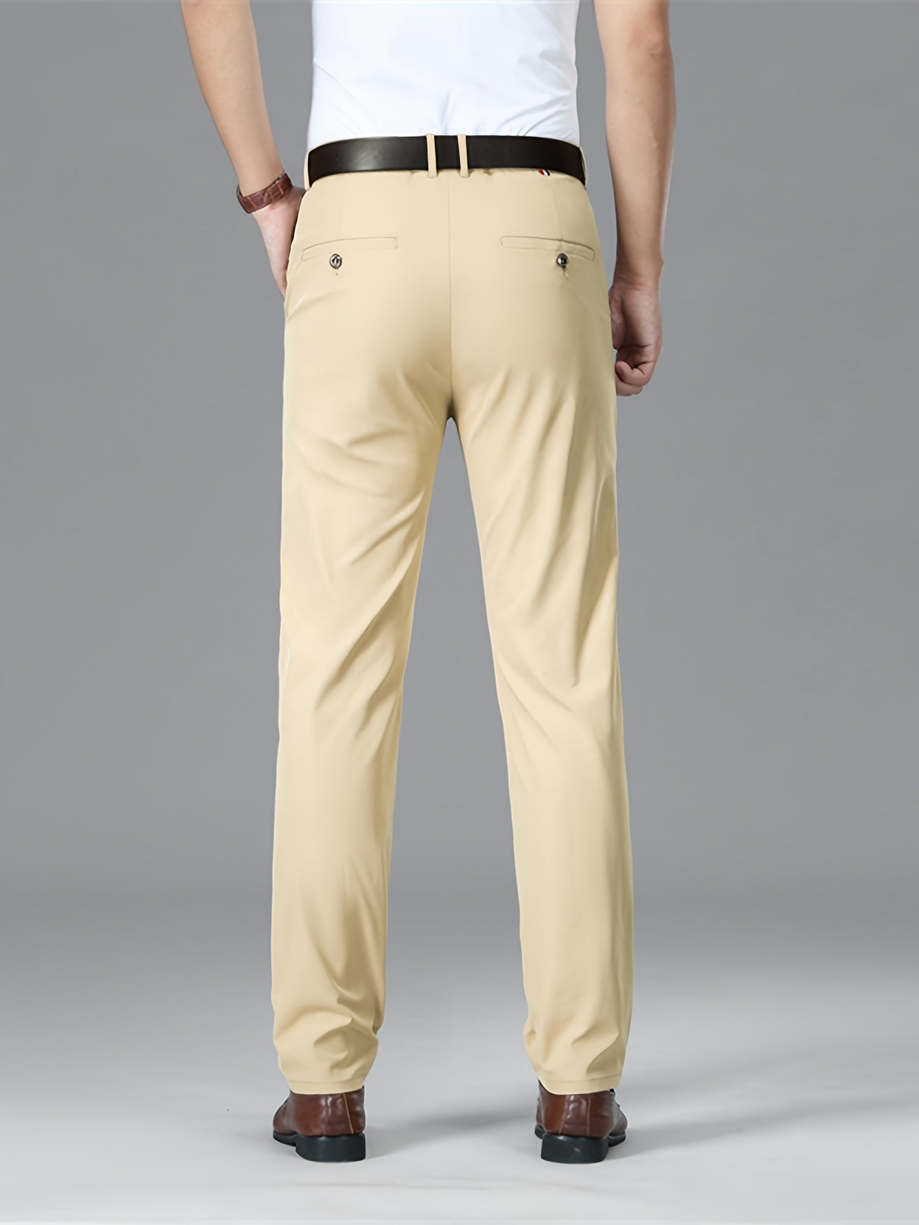 Men's Lightweight Summer Casual Pants, Slim Straight Fit, Polyester, Mid-Rise, Built-in Zipper, Regular Length - Ideal for Casual Attire