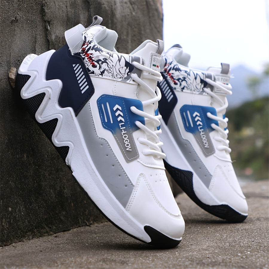 Men's High-Top Basketball Sneakers, Preppy Street Style, Solid Color with Cartoon Stripes, All-Season Lace-Up Sports Shoes, Faux Upper, Fabric Inner, Rubber Sole, for Running, Hiking Casual Wear, Outdoor Activities Shoes