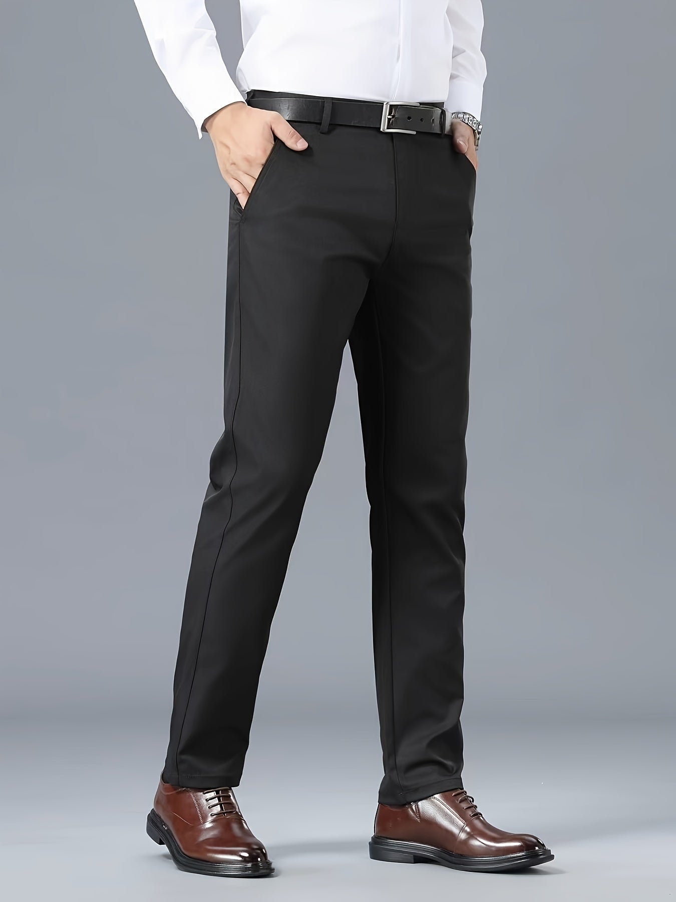 Men's Classic Business Casual Pants - Polyester, Solid Color, Regular Fit for All Seasons