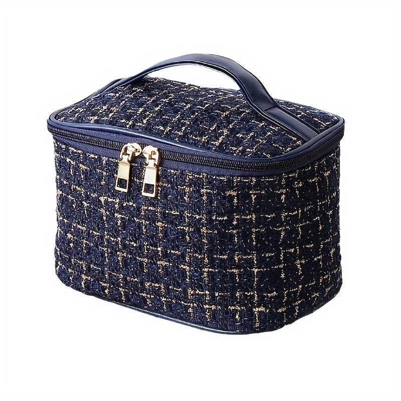 Elegant Plaid Cosmetic Bag - Large Capacity Travel Makeup Organizer with Dual Zippered Compartments, Portable Toiletry Storage in Light Blue/White/Pink/Red/Navy/Black, Polyester Material, Hand Wash or Dry Clean, Toiletry Trav