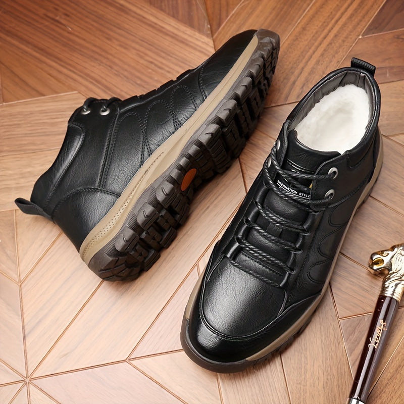Men'S Stylish Black Leather High-Top Boots - Casual, Fashionable, Business-Ready with Lace-Up Closure, Rubber Sole, and Round Toe Design for Winter Sports and Daily Wear, Winter Boots|Stylish High Boots|Laceup Boots