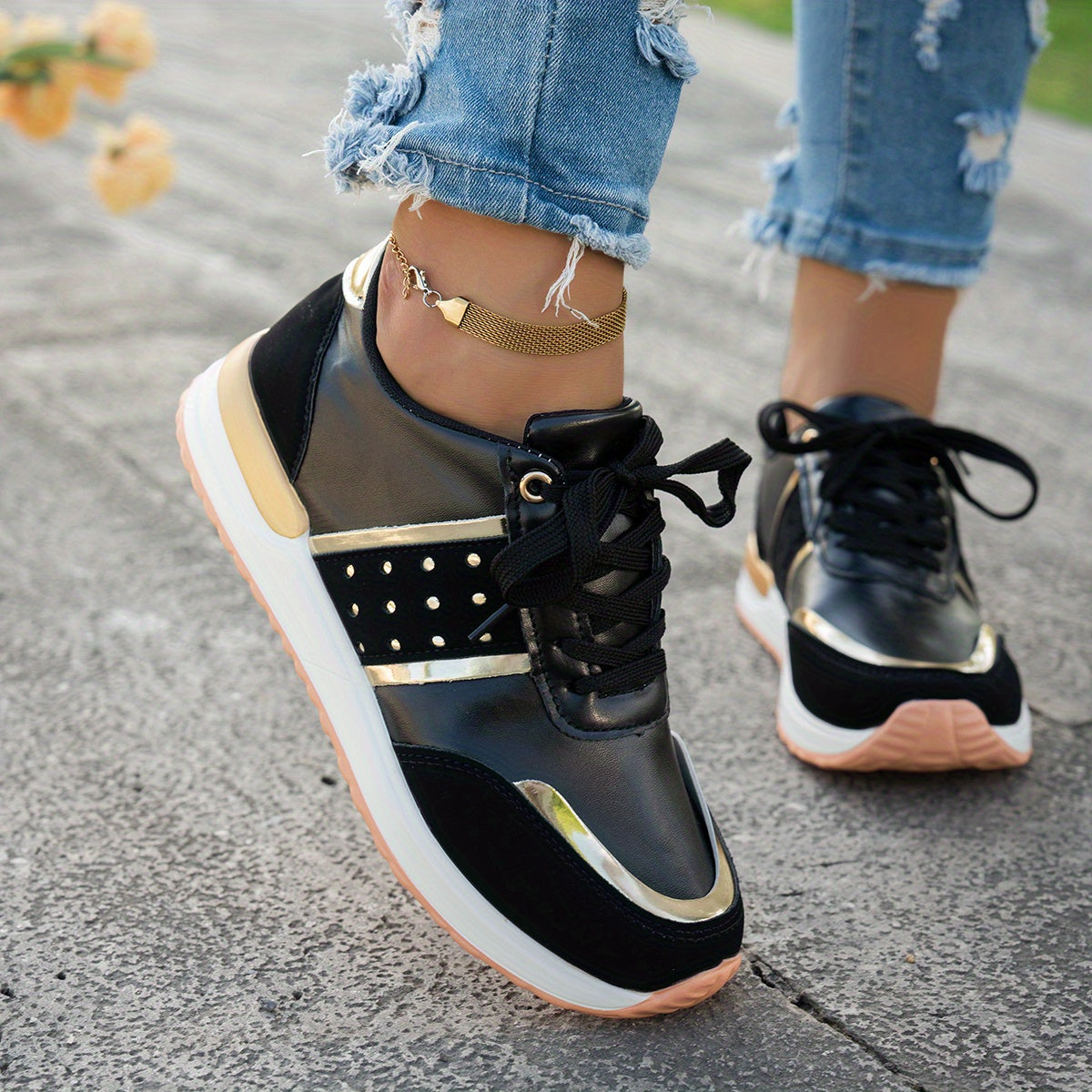 Women'S Chunky Platform Sneakers - Pastel Yellow Pink Synthetic Cover Low-Top Lace-Up Shoes with Golden Accents, Breathable Fabric Lining, Durable PU Sole for All-Season Casual Wear, Ladies Sneakers, Comfortable Footwear